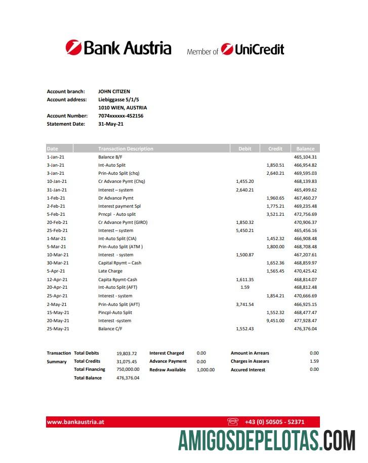 em branco Austria Bank Austria modelo de extrato bancário fácil de preencher em formato Excel e PDF